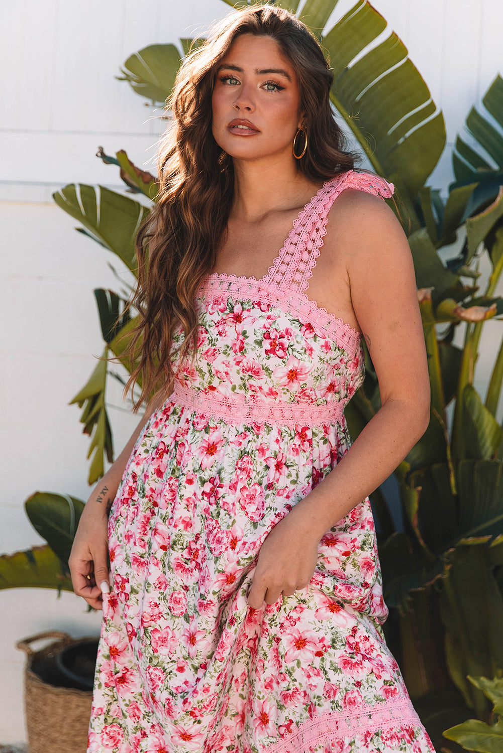 Pink Floral Lace Tied Strap Empire Waist Maxi Dress ClassiQ