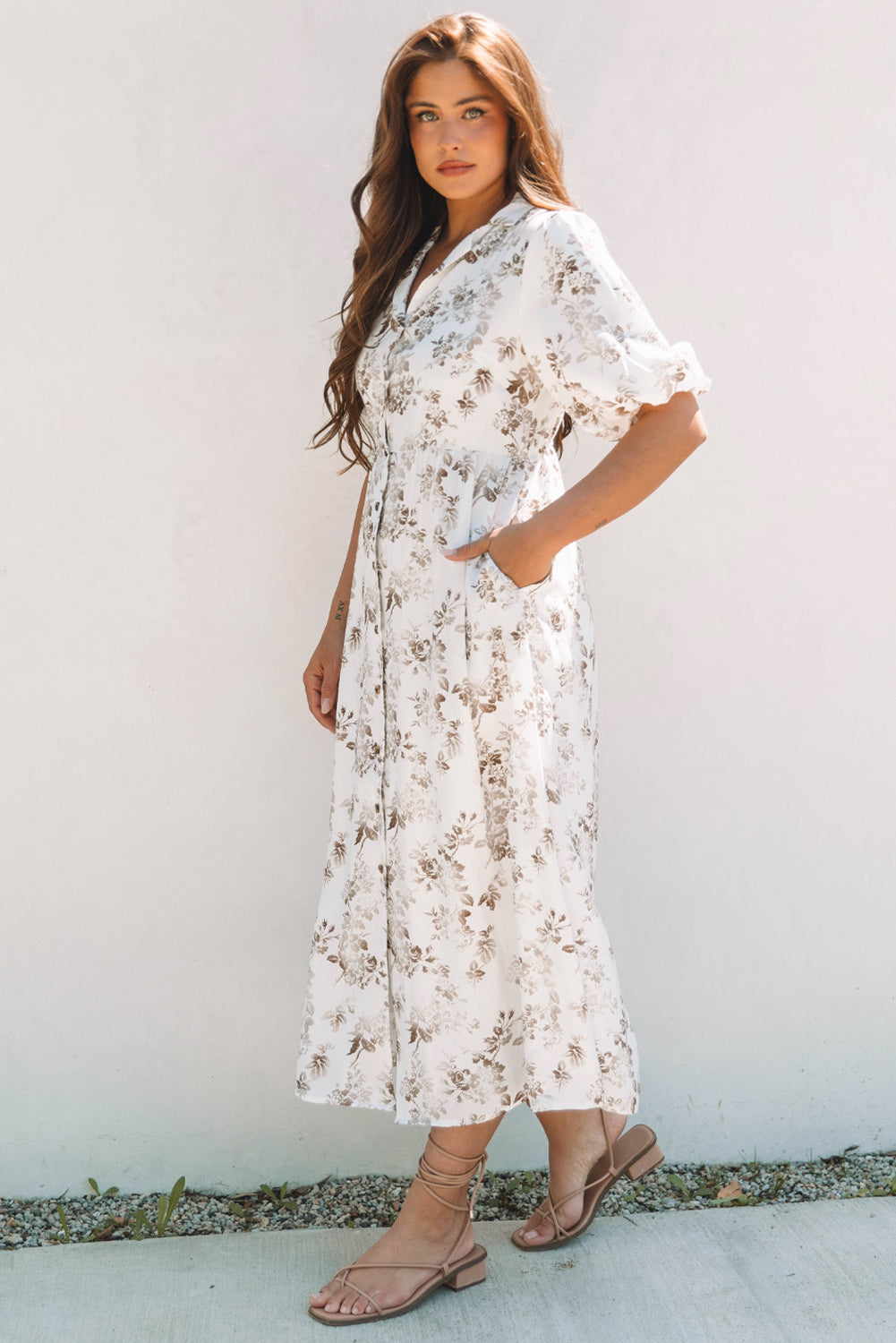 Khaki Floral Puff Sleeve V Neck Buttoned Front Maxi Dress ClassiQ
