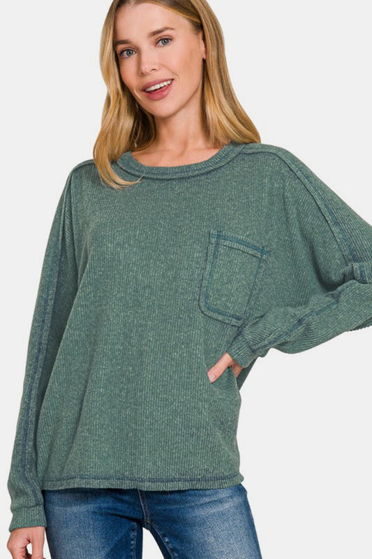 Zenana Full Size Contrast Stitching Brushed Ribbed Hacci Knit Top - Classique Collection