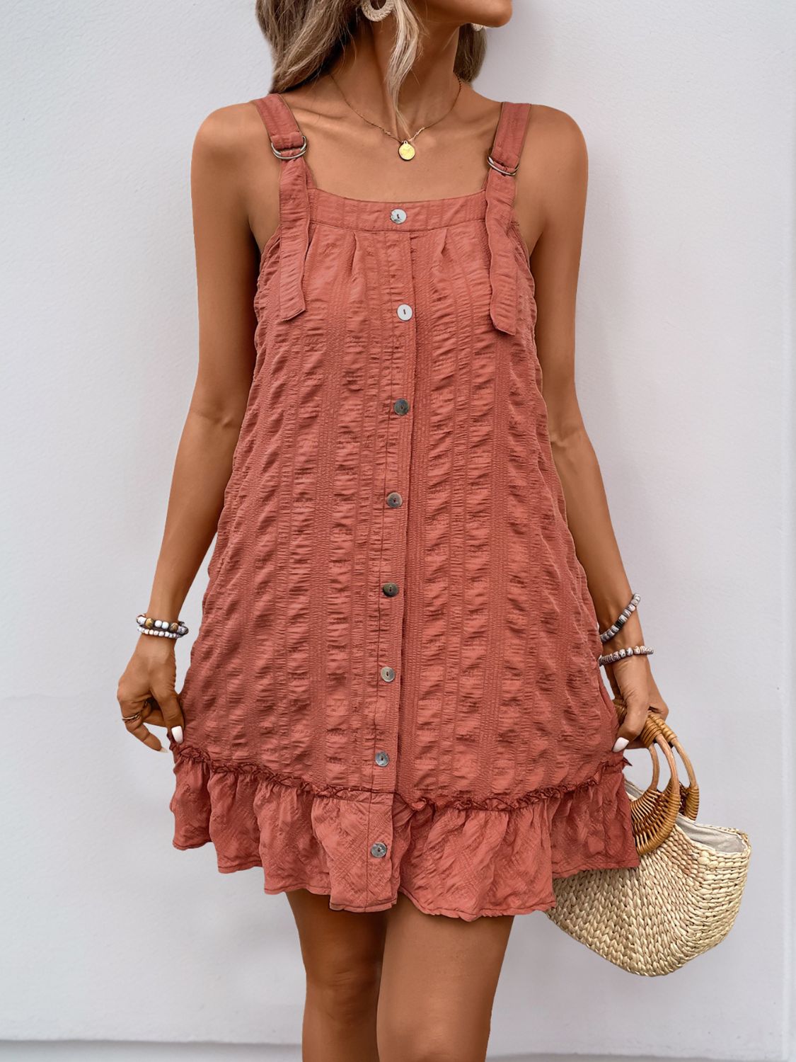 Perfee Texture Square Neck Wide Strap Mini Dress - Classique Collection