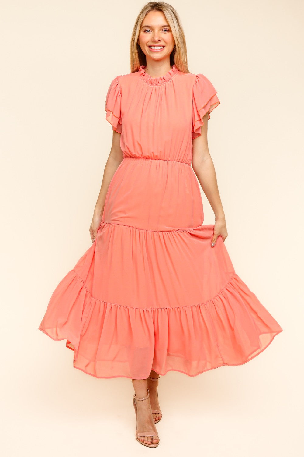 Haptics Full Size Tiered Frill Mock Neck Short Sleeve Dress - Classique Collection