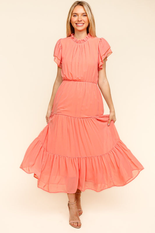 Haptics Full Size Tiered Frill Mock Neck Short Sleeve Dress - Classique Collection
