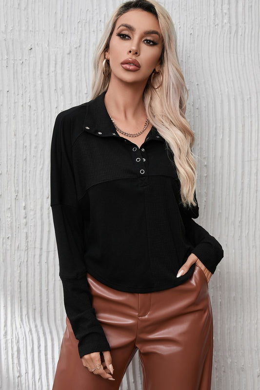 Ribbed Knit Henry Collar Loose Fitting Long Sleeve Top - Classique Collection