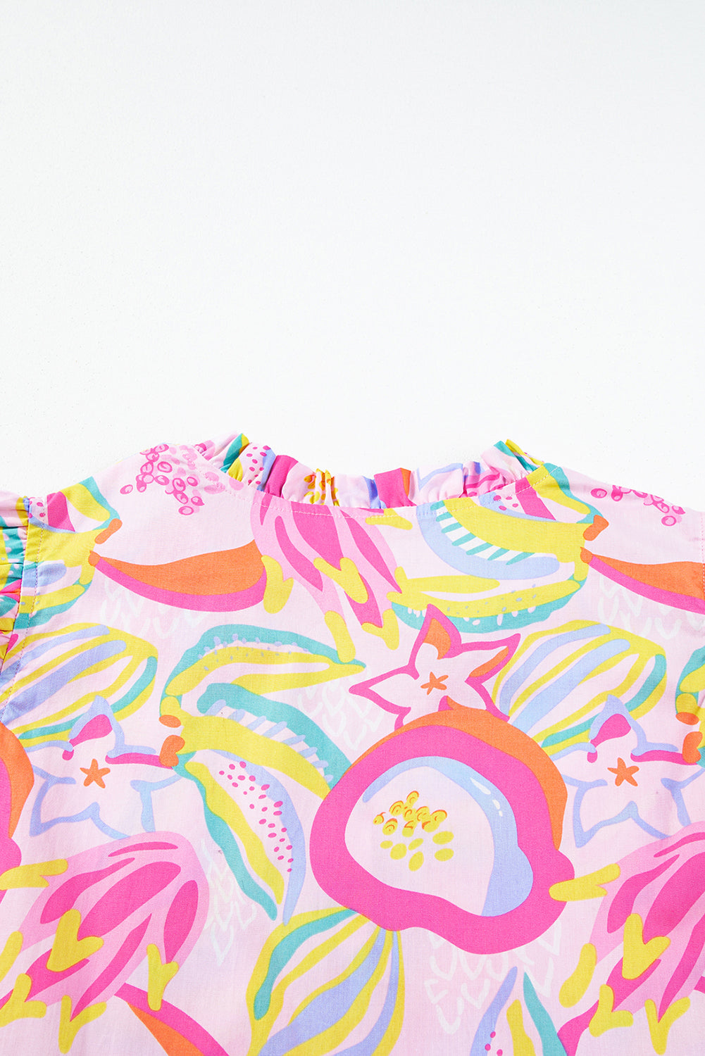 Pink Abstract Floral Ruffle Trim Flutter Sleeve Buttoned Dress ClassiQ