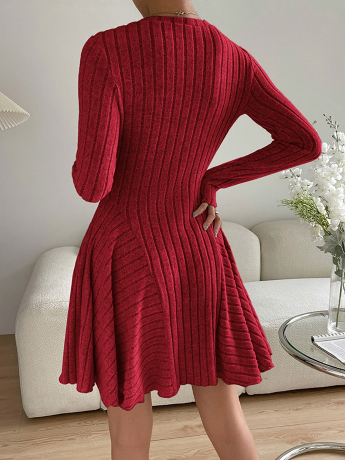 Ribbed Round Neck Long Sleeve Dress - Classique Collection