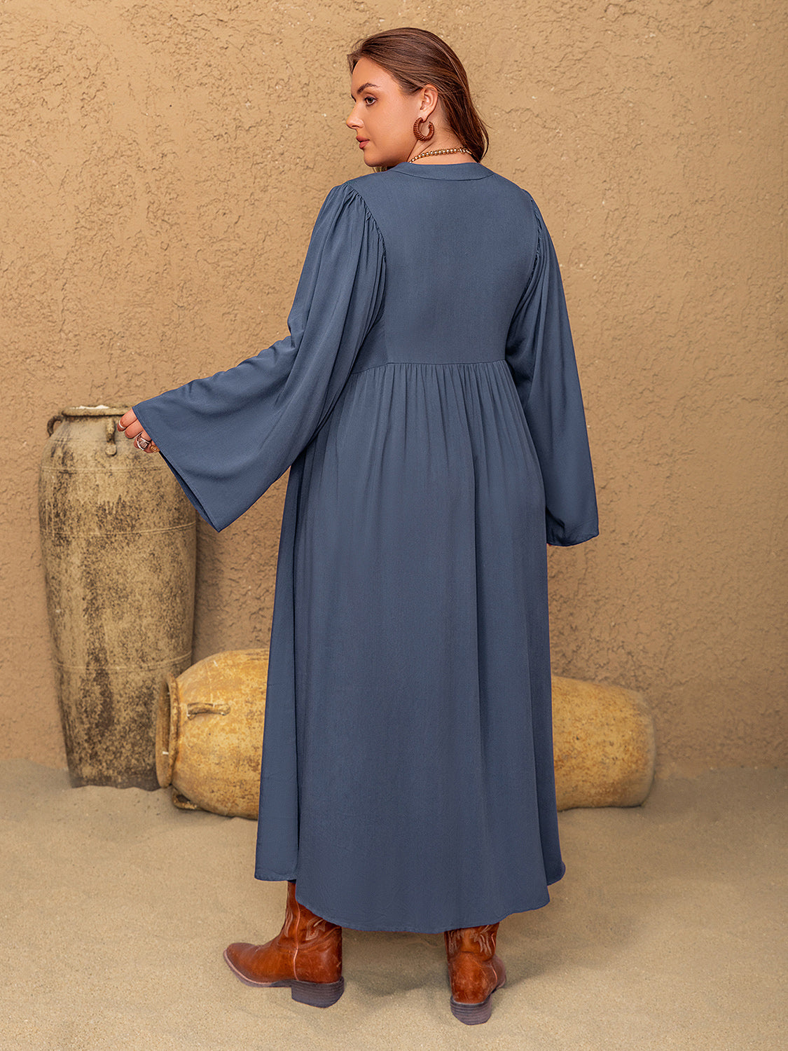 Plus Size Lace Detail Notched Long Sleeve Midi Dress - Classique Collection