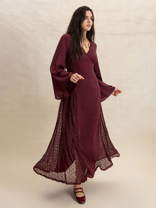 Lace Patchwork V-Neck Long Sleeve Midi Dress - Classique Collection