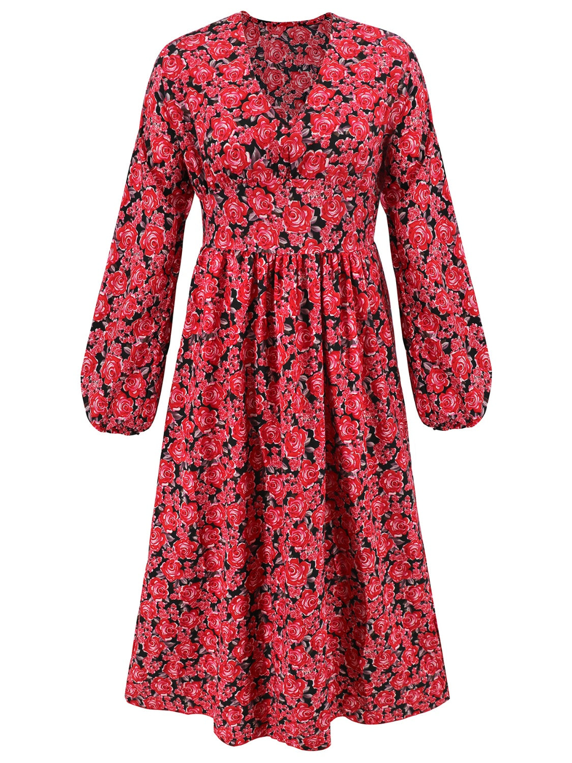 Floral V-Neck Long Sleeve Midi Dress - Classique Collection