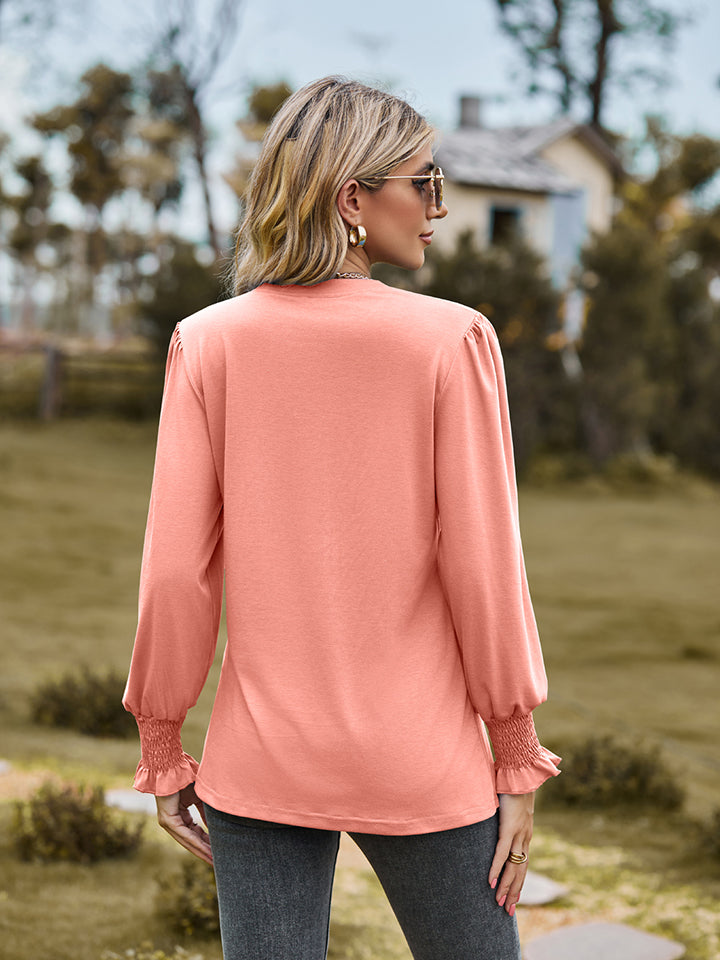Notched Neck Flounce Sleeve Blouse - Classique Collection