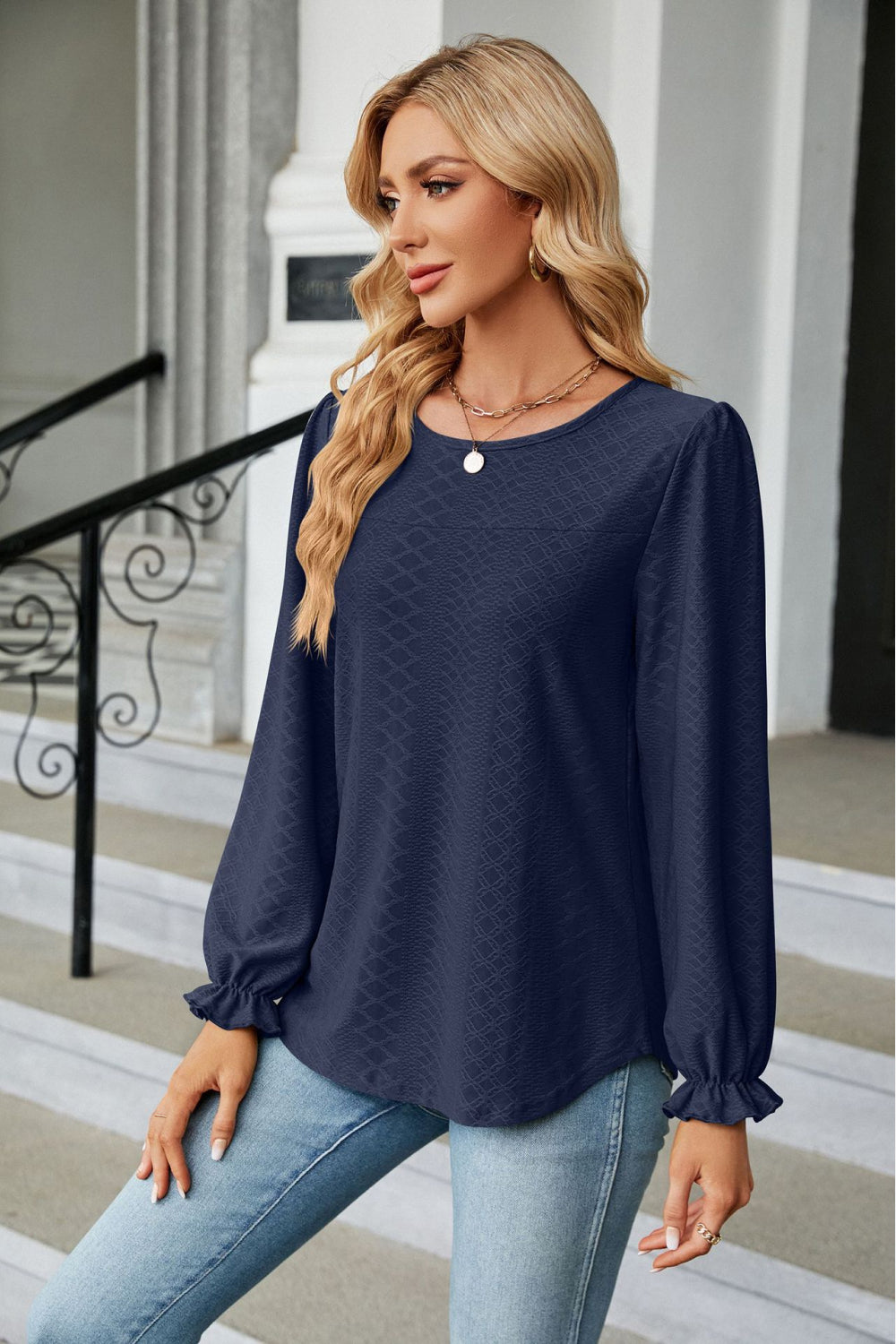 Round Neck Flounce Sleeve Blouse - Classique Collection
