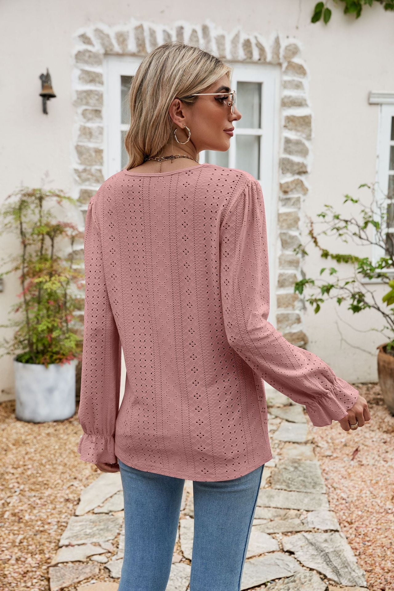 Eyelet Lace Trim Flounce Sleeve Blouse - Classique Collection