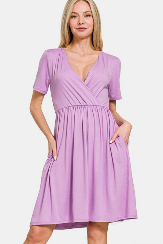 Zenana Surplice Short Sleeve Brushed DTY Dress - Classique Collection