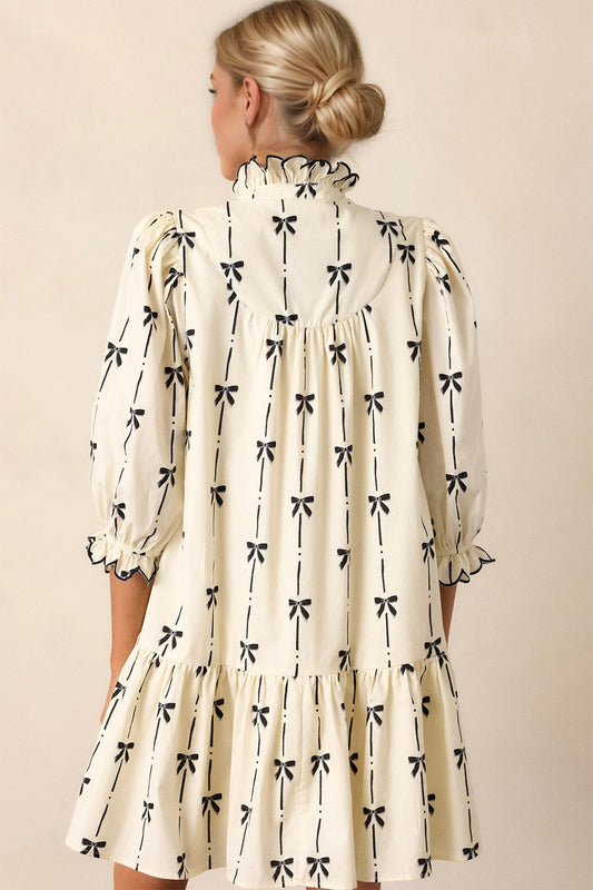 Oh Full Size Frill Bow Print Half Sleeve Mini Dress - Classique Collection
