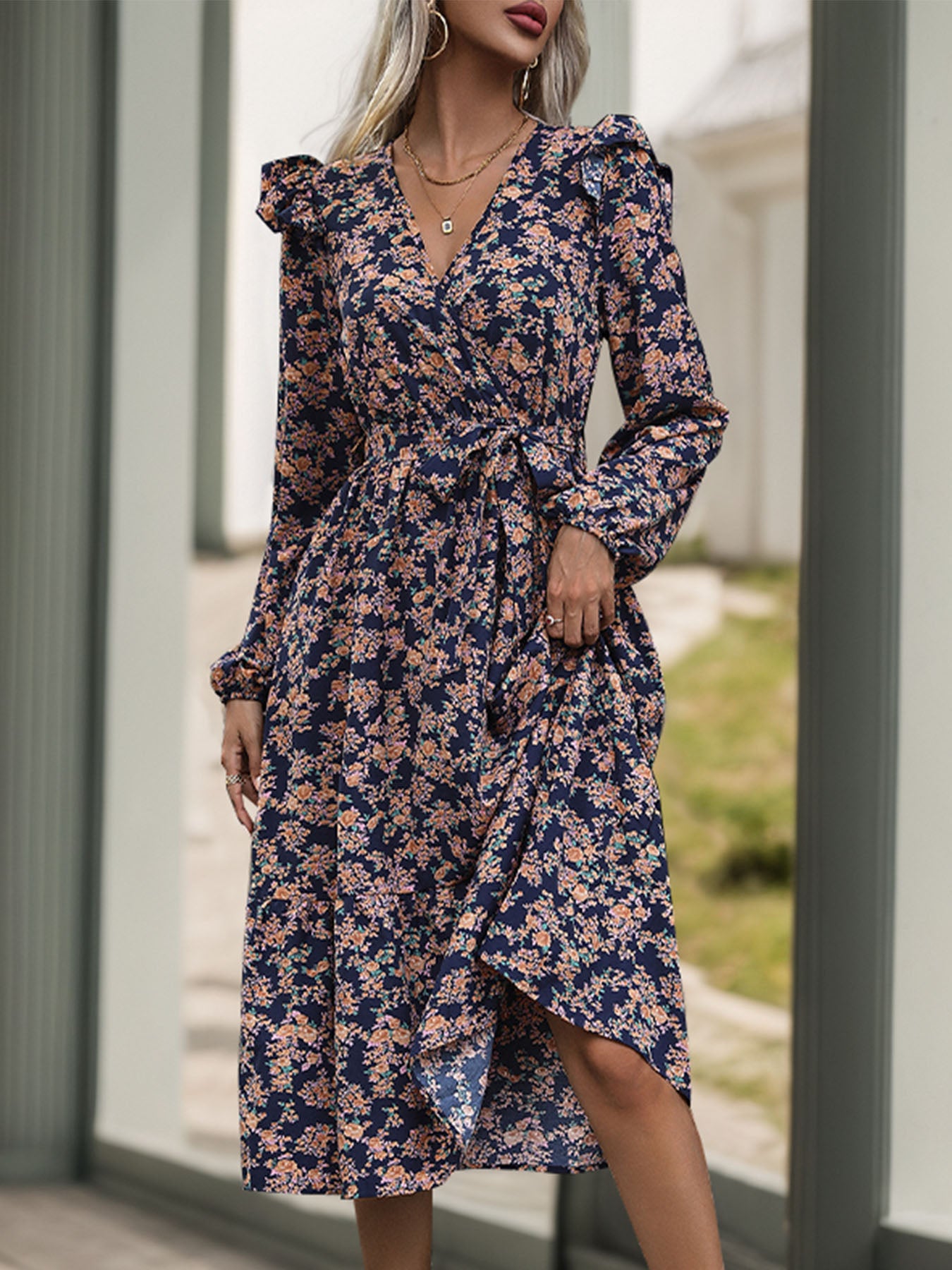 Perfee Printed Surplice Long Sleeve Midi Dress - Classique Collection