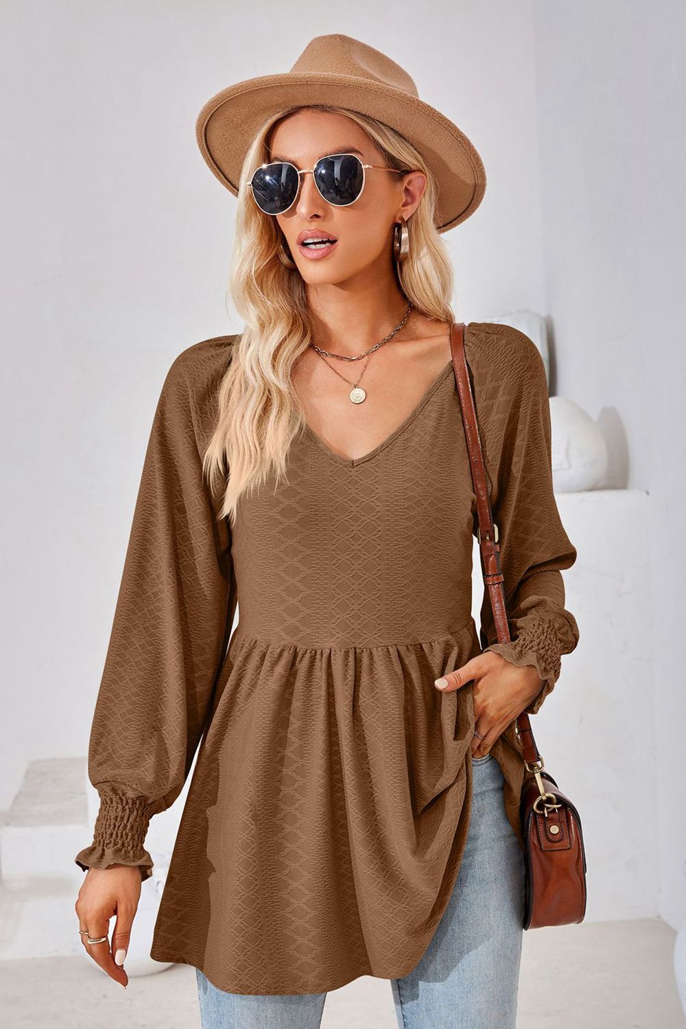 V-Neck Lantern Sleeve Blouse - Classique Collection
