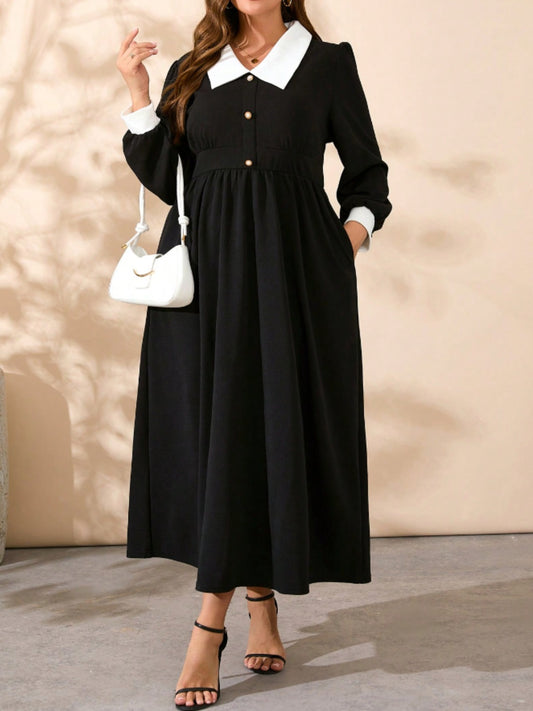 Plus Size Contrast Collared Neck Long Sleeve Midi Dress - Classique Collection