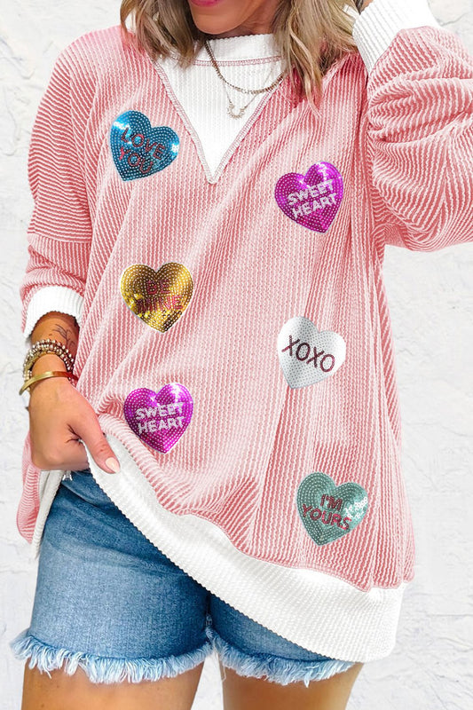 Valentine’s Day Sequin Heart Long Sleeve Sweatshirt - Classique Collection