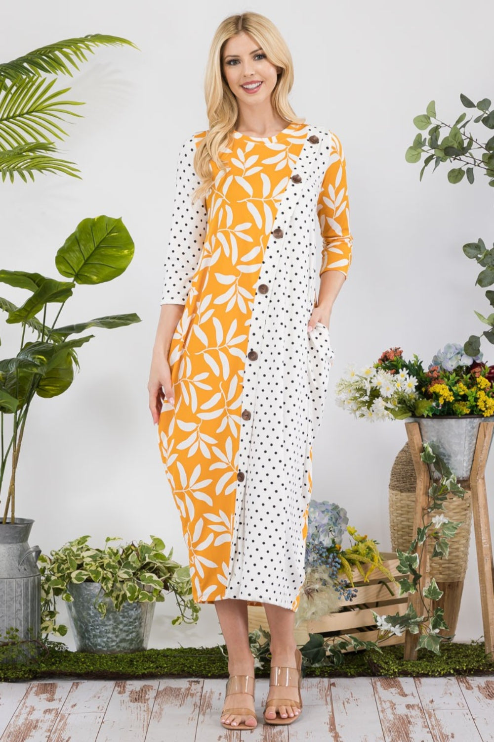 Celeste Full Size Floral Polka Dot Contrast Midi-Dress with Pockets - Classique Collection