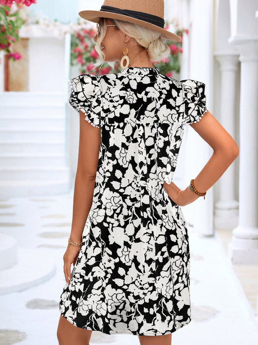 Floral Tie Neck Butterfly Sleeve Dress - Classique Collection