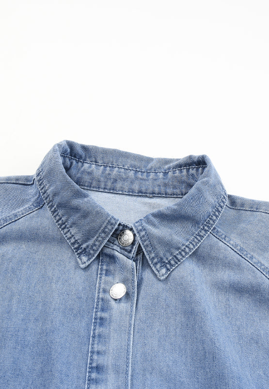 Distressed Collared Neck Flounce Sleeve Denim Dress - Classique Collection