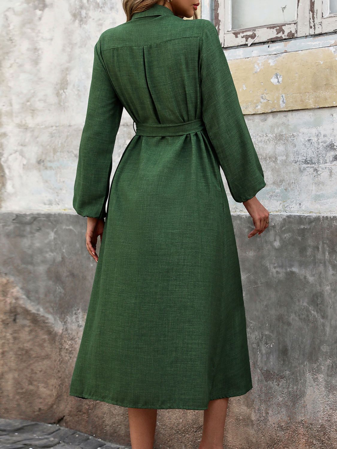 Perfee Collared Neck Long Sleeve Midi Shirt Dress - Classique Collection