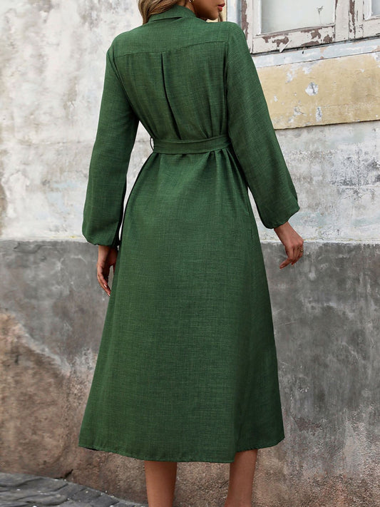 Perfee Collared Neck Long Sleeve Midi Shirt Dress - Classique Collection