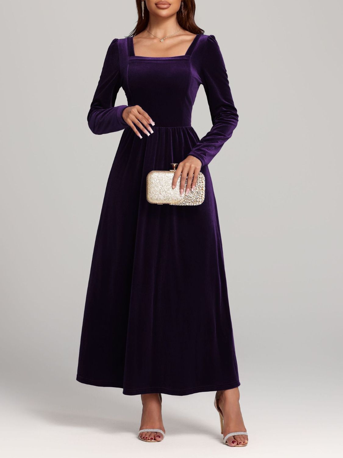 Velvet Square Neck Long Sleeve Dress - Classique Collection