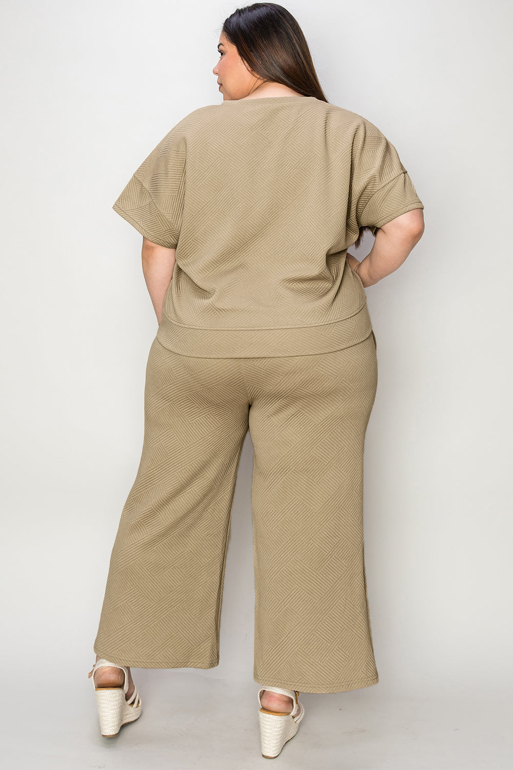 Double Take Full Size Texture Short Sleeve Top and Pants Set - ClassiQ