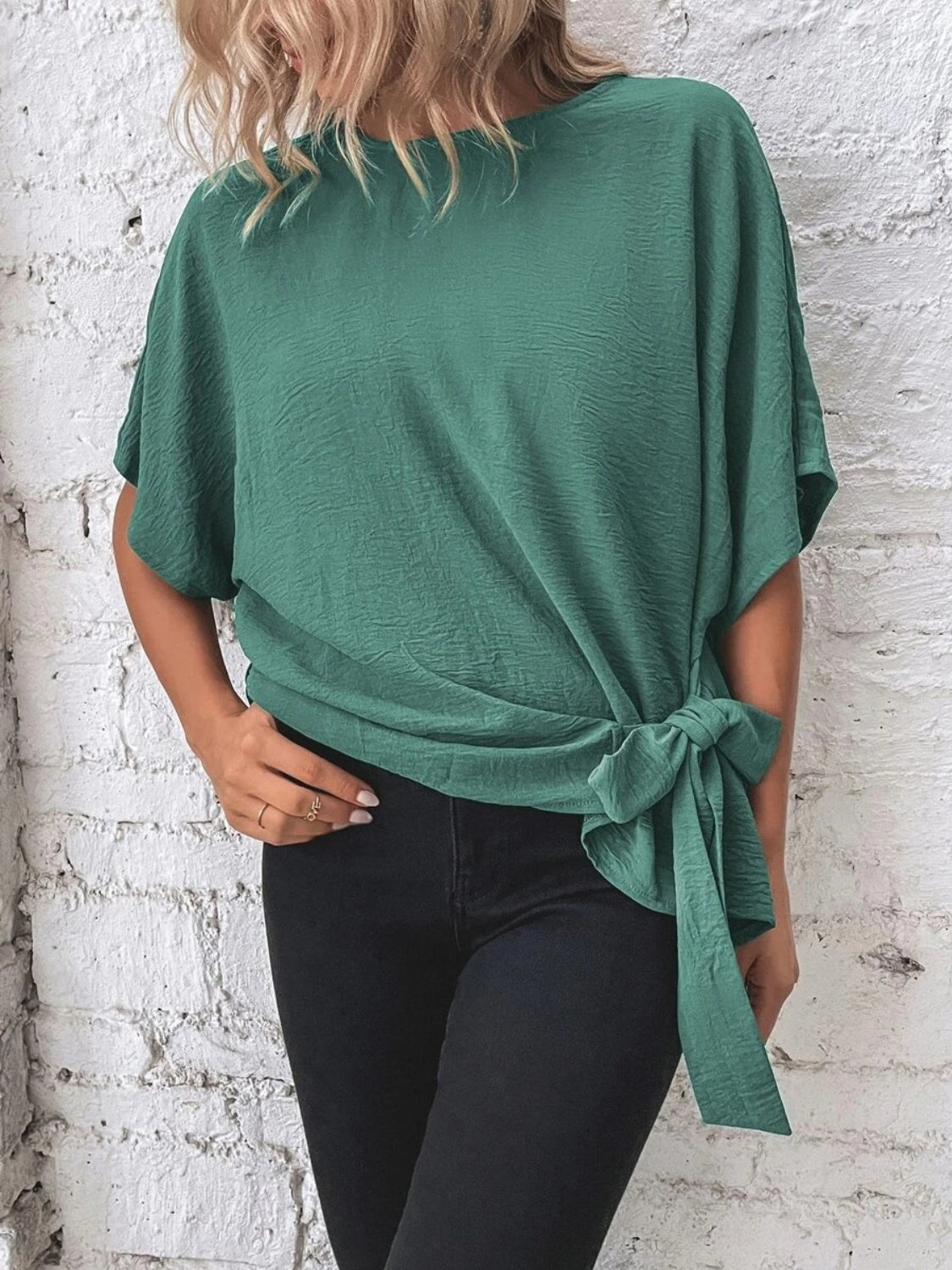 Knotted Round Neck Half Sleeve Blouse - ClassiQ