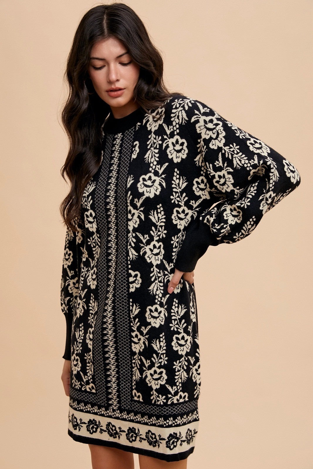 Annie Wear Floral Jacquard Round Neck Sweater Dress - Classique Collection
