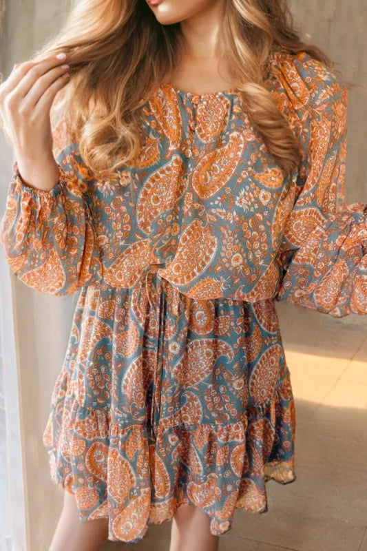 Ruffle Hem Printed Long Sleeve Dress - Classique Collection