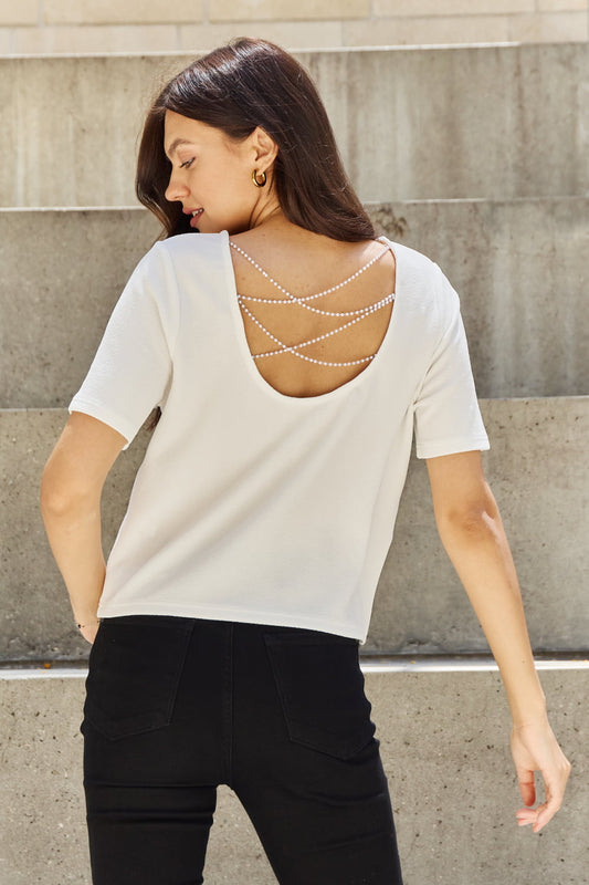 And The Why Pearly White Full Size Criss Cross Pearl Detail Open Back T-Shirt - Classique Collection