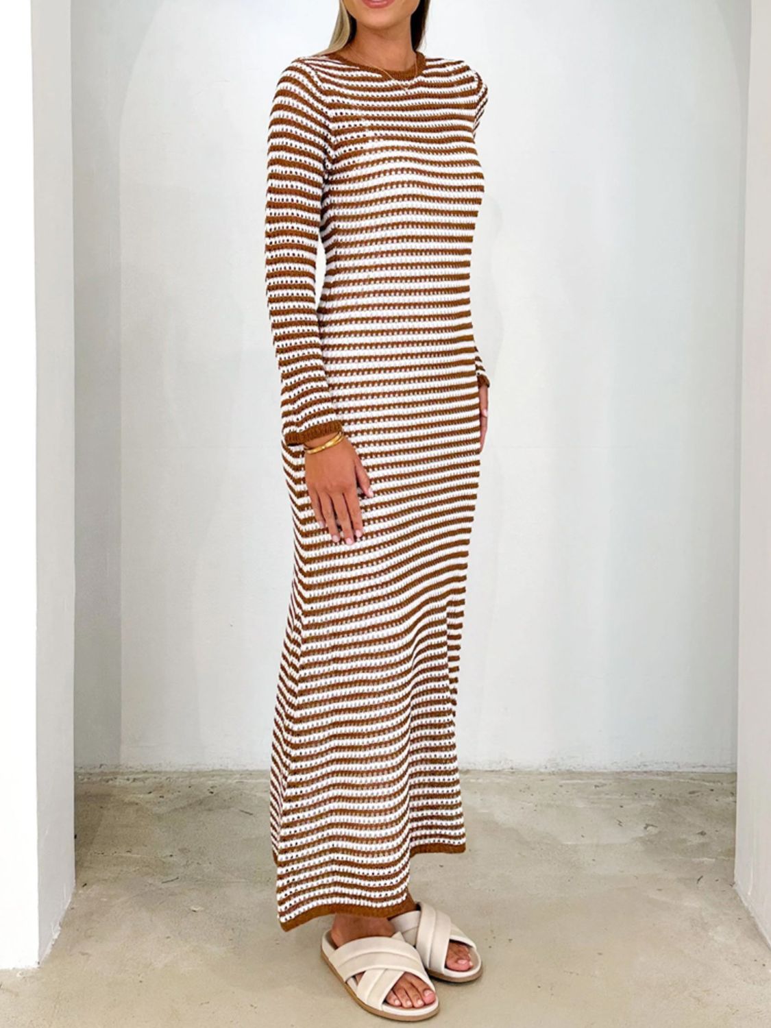 Devine Tied Round Neck Striped Sweater Dress - Classique Collection