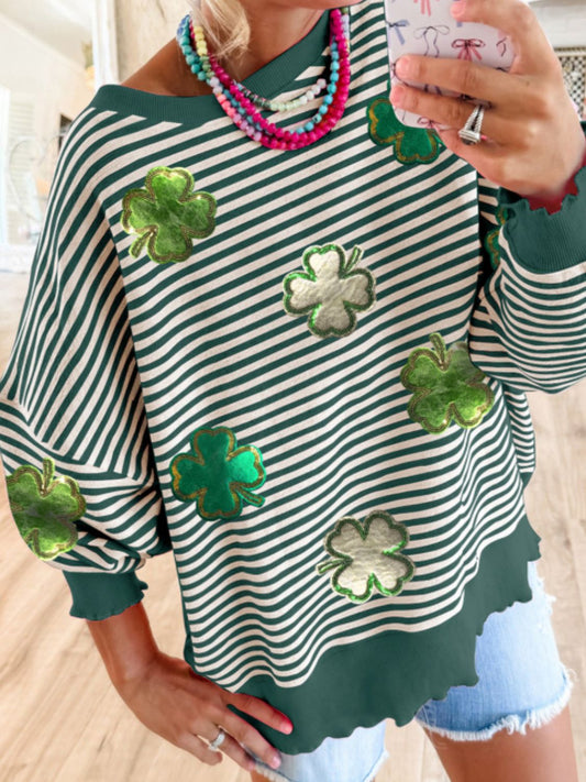 Stripe Lucky Clover Drop Shoulder Sweatshirt - ClassiQ