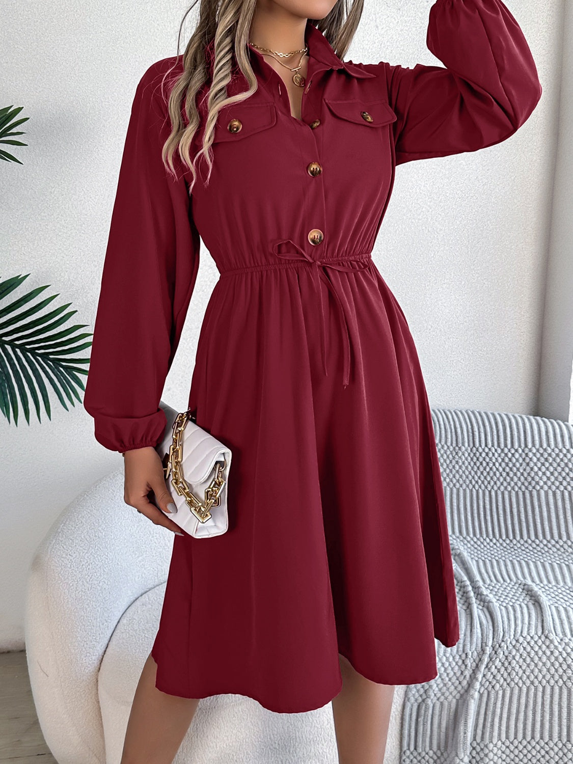 Collared Neck Long Sleeve Dress with Pockets - Classique Collection