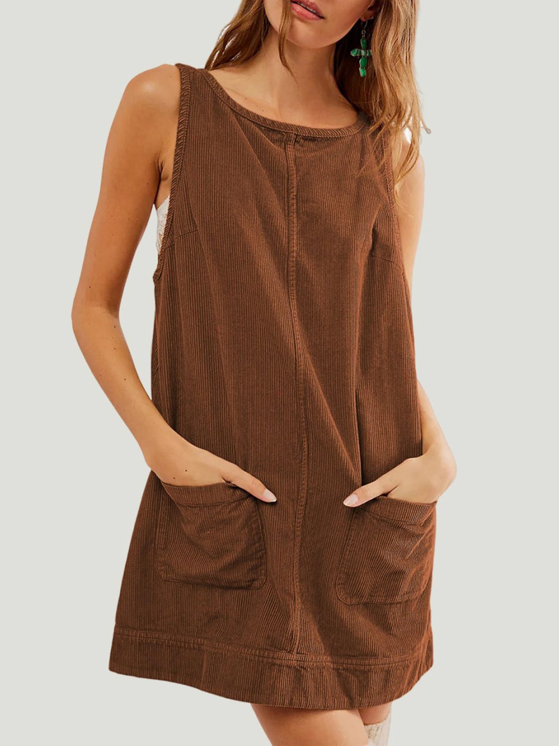Mandy Round Neck Wide Strap Mini Dress with Pockets - Classique Collection
