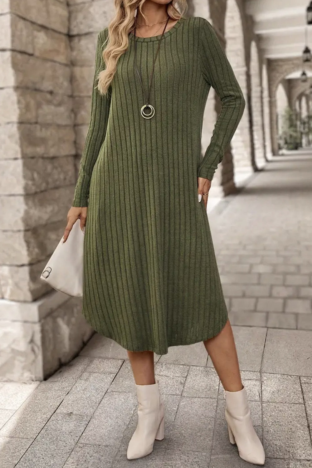 Ribbed Curved Hem Round Neck Long Sleeve Dress - Classique Collection