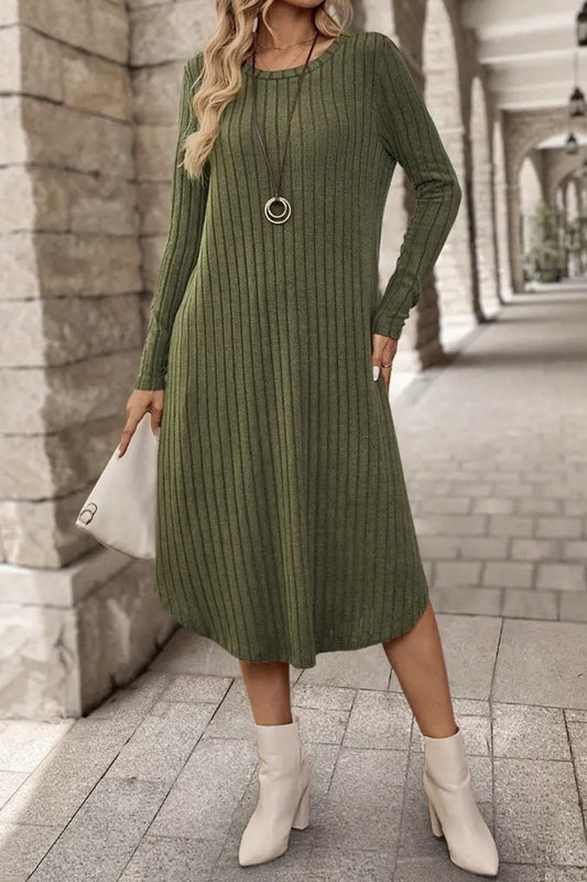 Ribbed Curved Hem Round Neck Long Sleeve Dress - Classique Collection