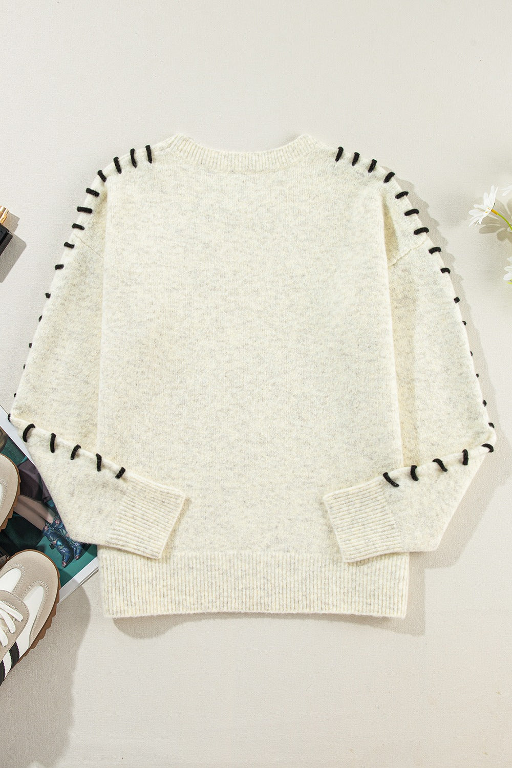 Contrast Stitch Detail Ribbed Trim Sweater - Classique Collection