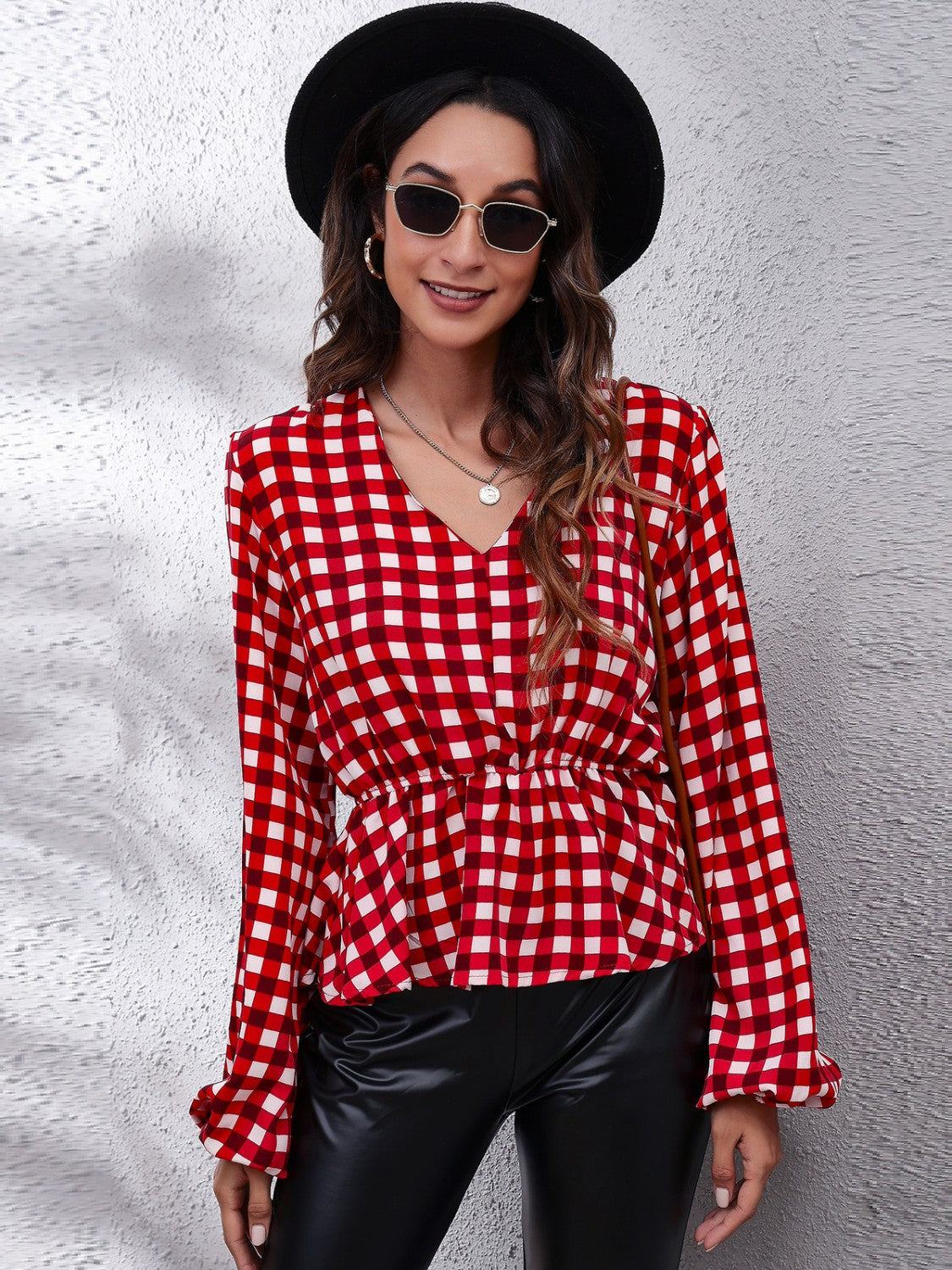 Plaid V-Neck Balloon Sleeve Peplum Blouse - Classique Collection