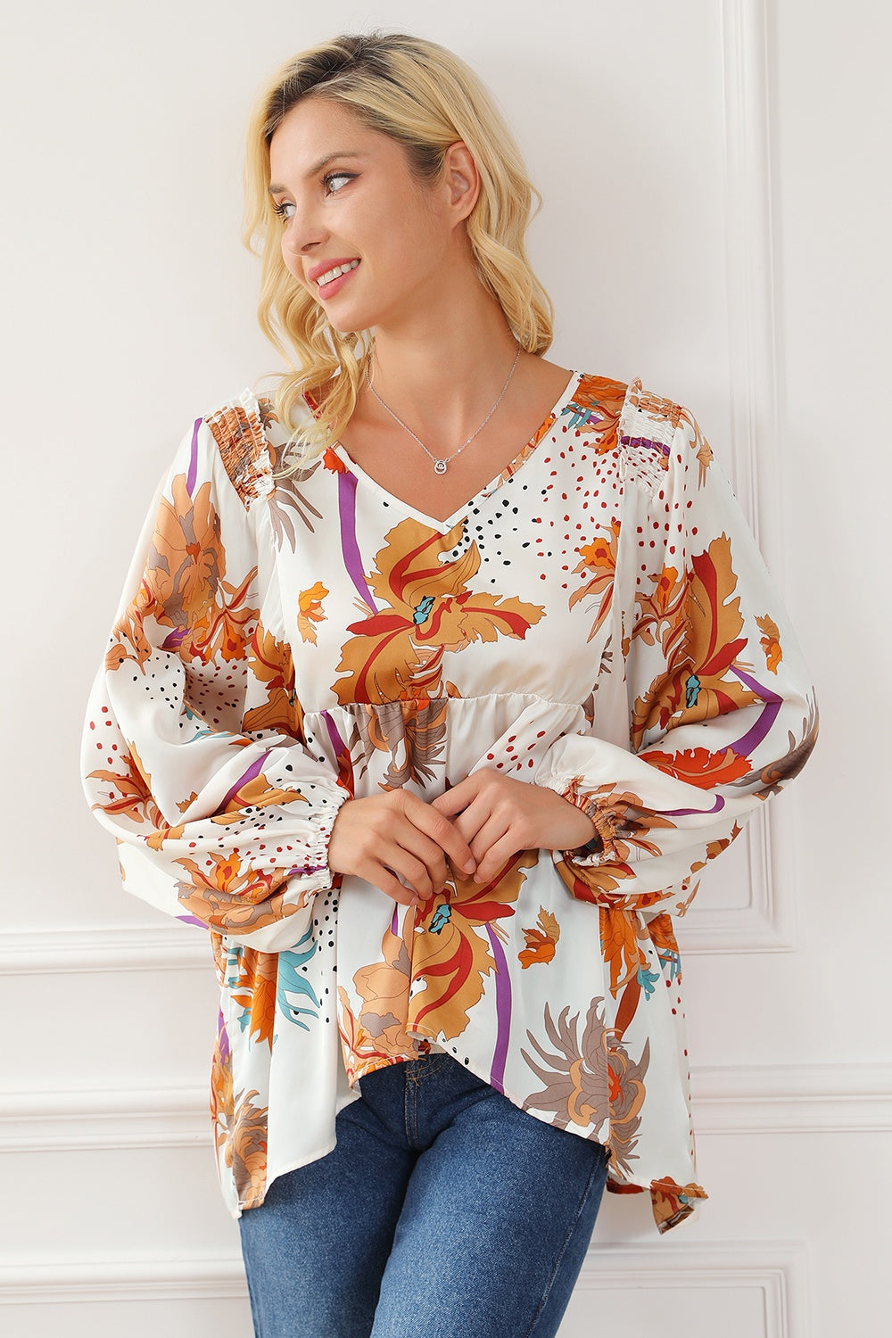 Printed V-Neck Smocked Balloon Sleeve Blouse - Classique Collection