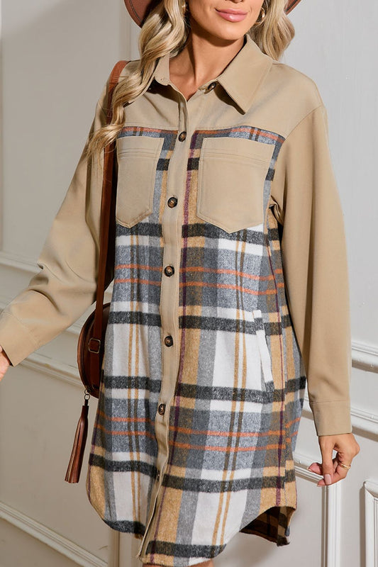 Pocketed Plaid Long Sleeve Mini Shirt Dress - Classique Collection