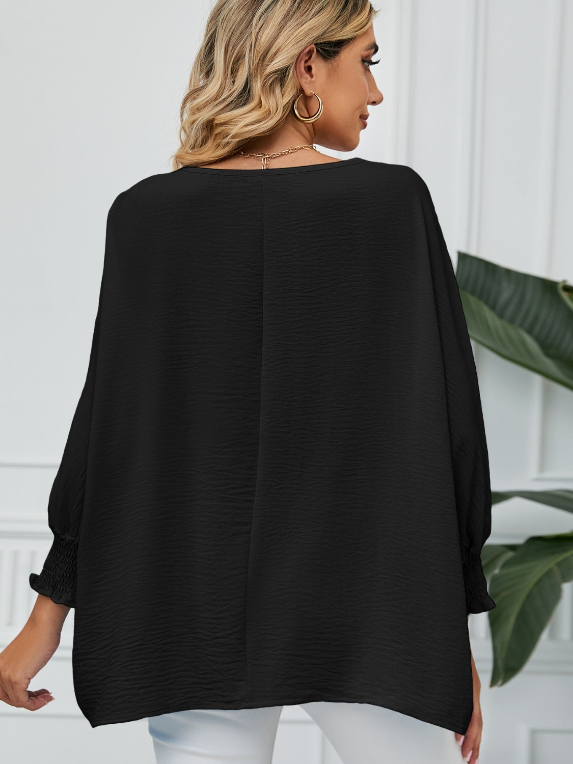 Smocked Lantern Sleeve Round Neck Blouse - Classique Collection