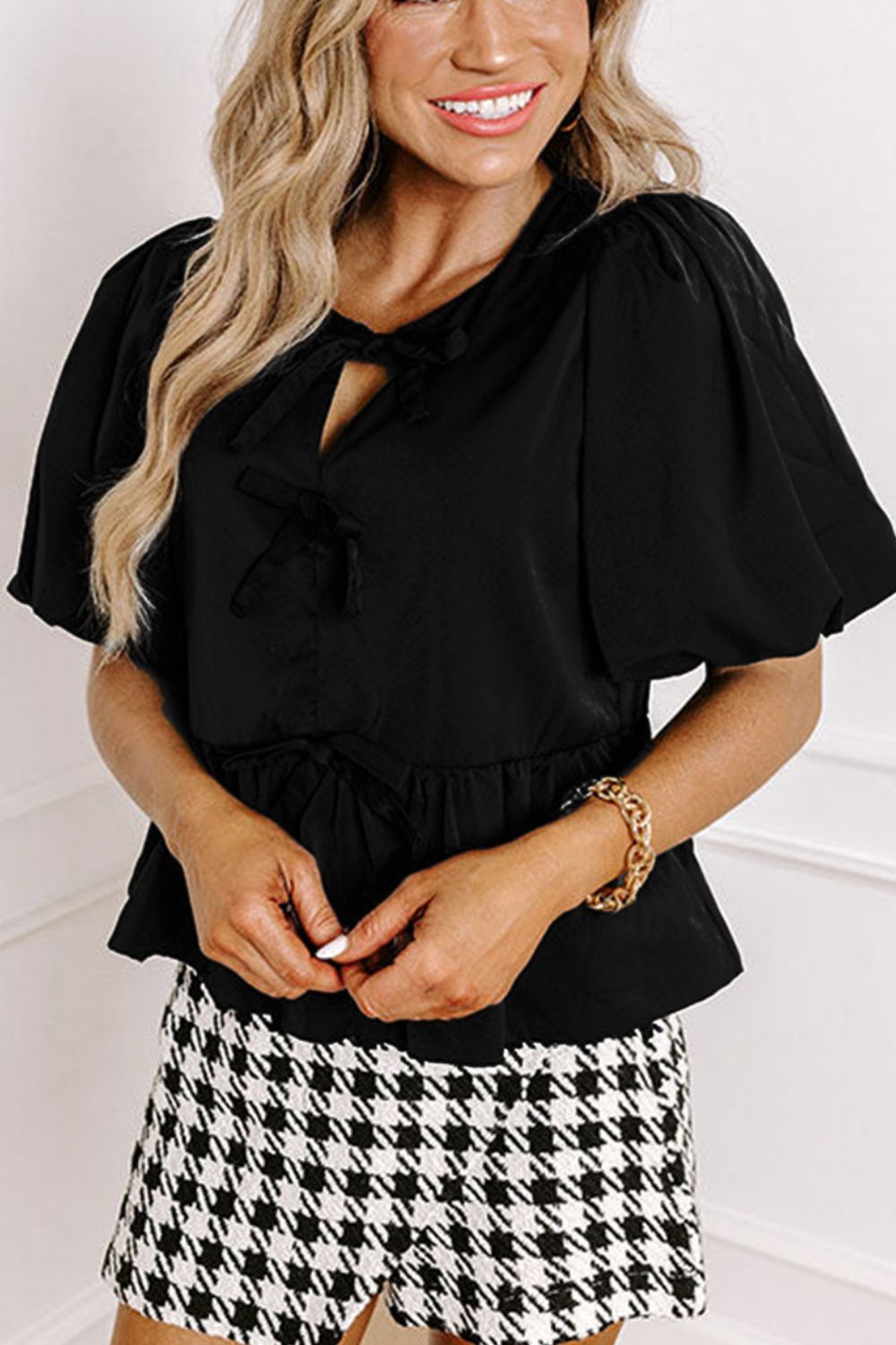 Cutout Round Neck Puff Sleeve Blouse - ClassiQ
