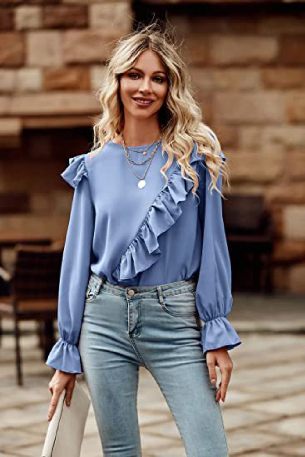 Ruffled Round Neck Long Sleeve Top - Classique Collection