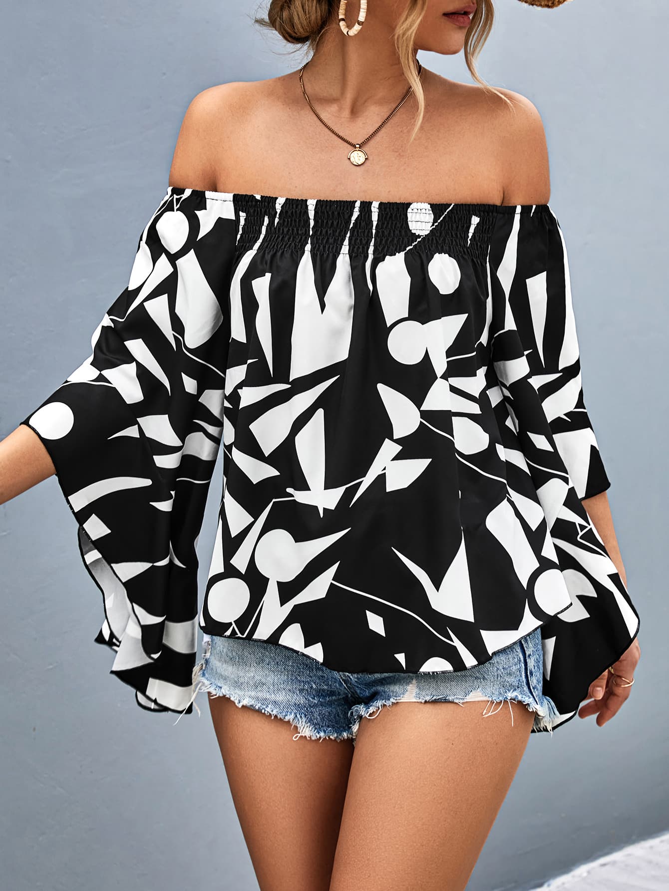 Printed Off-Shoulder Bell Sleeve Blouse - Classique Collection