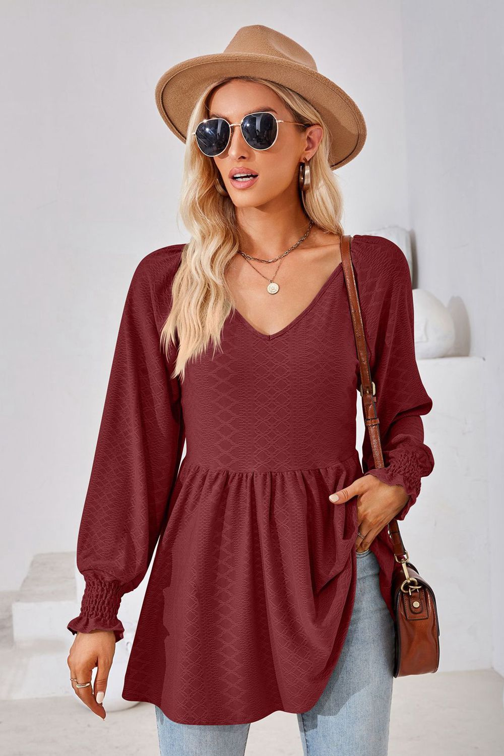 V-Neck Lantern Sleeve Blouse - Classique Collection