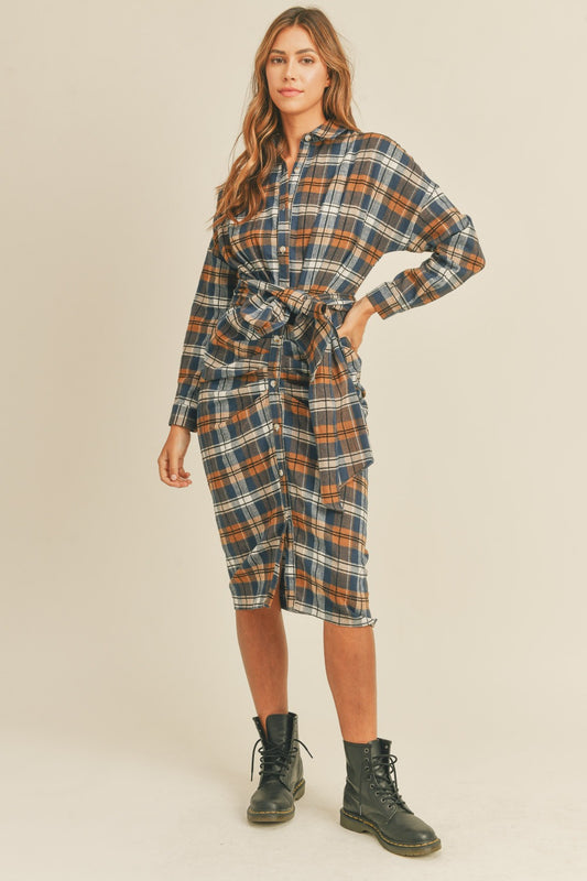 Mable Plaid Flannel Front Tie Button Down Shirt Dress - Classique Collection