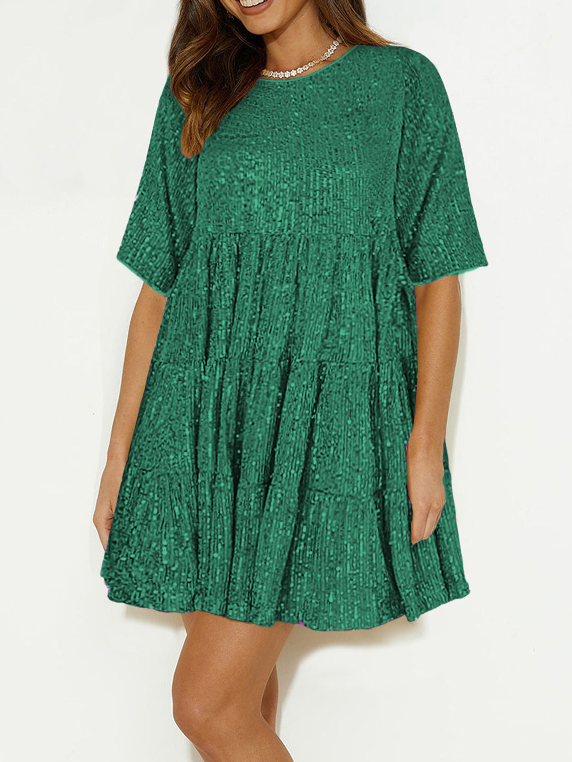 Sequin Round Neck Half Sleeve Mini Dress - Classique Collection