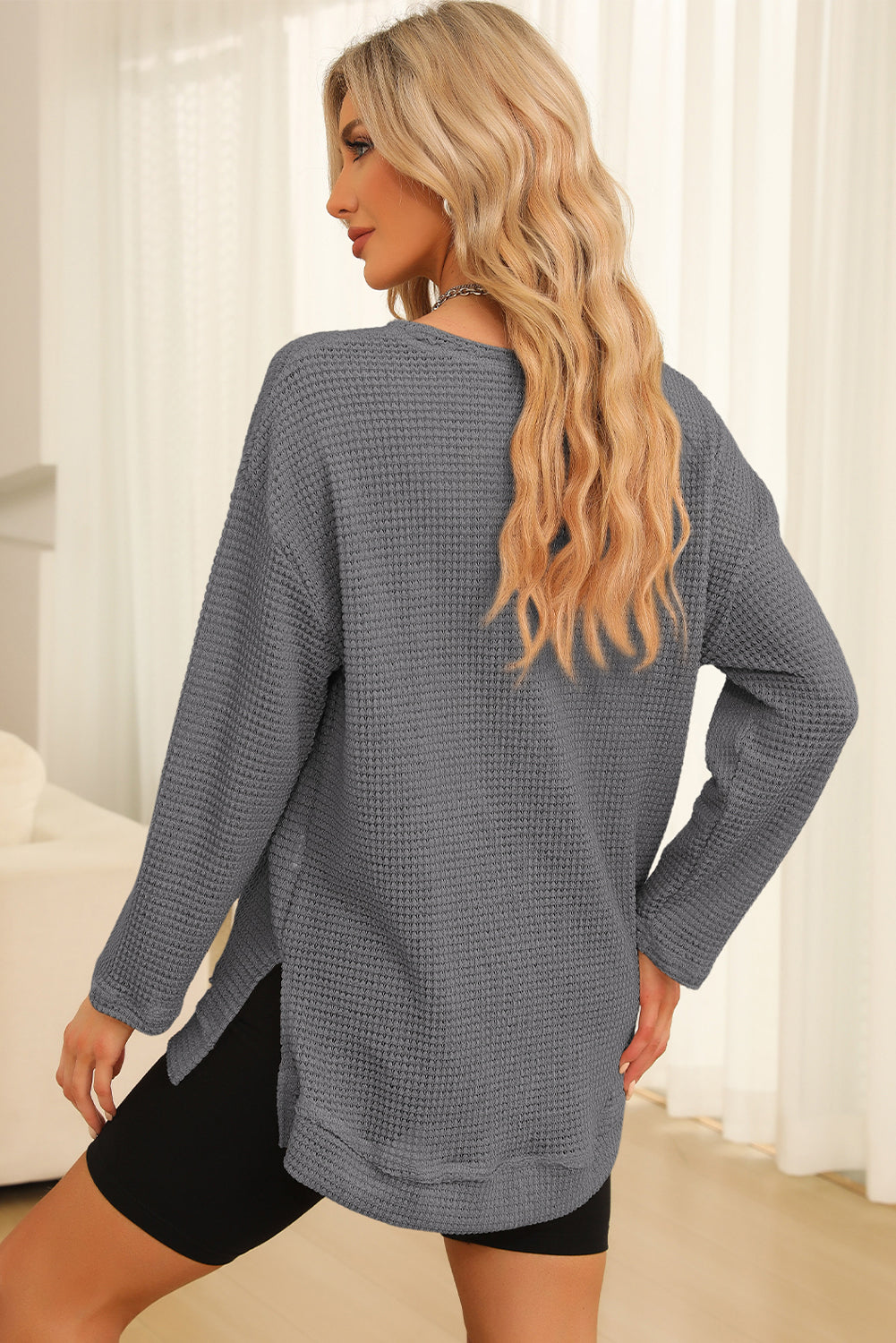 Waffle-Knit Round Neck Long Sleeve Sweatshirt - Classique Collection